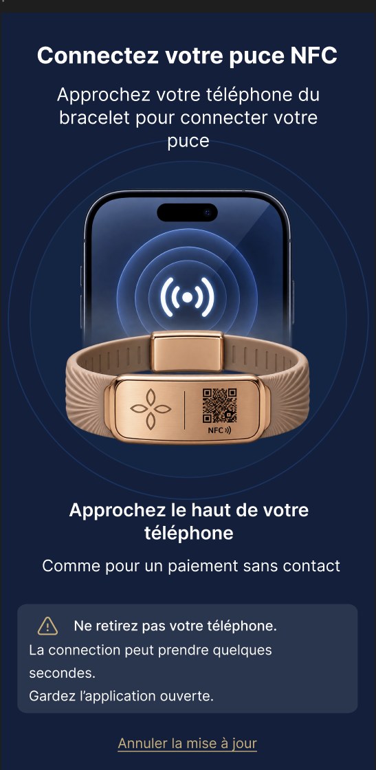 Écran de l'application : connectez la puce NFC en approchant le téléphone du bracelet