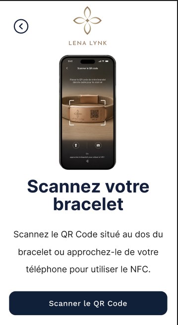 Écran de l'application : scannez le QR code de votre bracelet